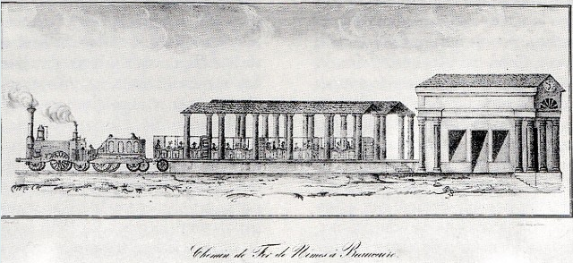 Gravure historique de la première gare du chemin de fer à Nîmes, patrimoine SNCF